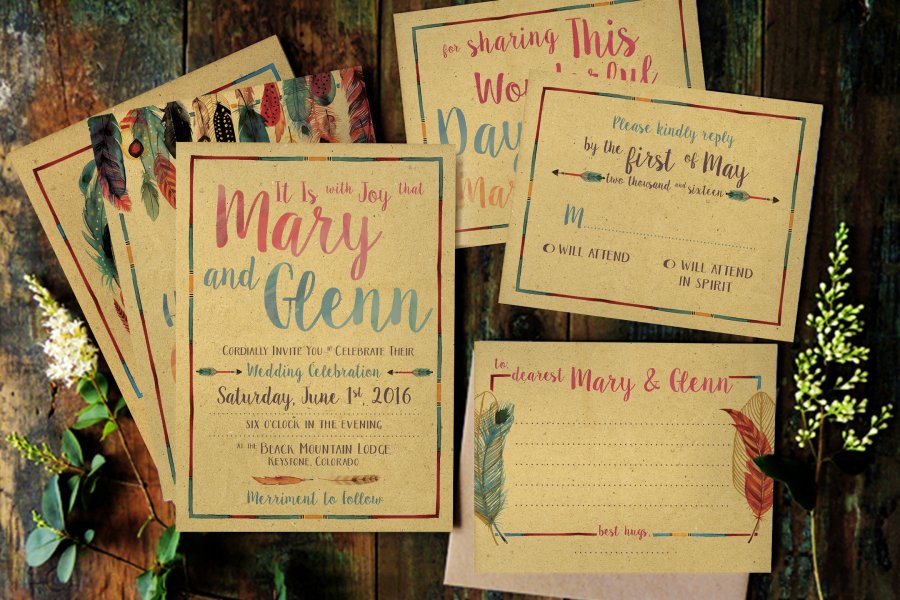 Elegant Feather Watercolor Wedding Invitation Set