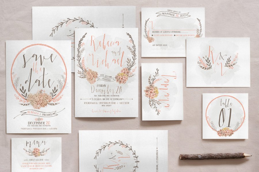 Rustic Floral Wedding Invitation Suite