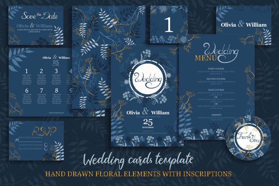 Blue & Gold Floral Wedding Card Templates