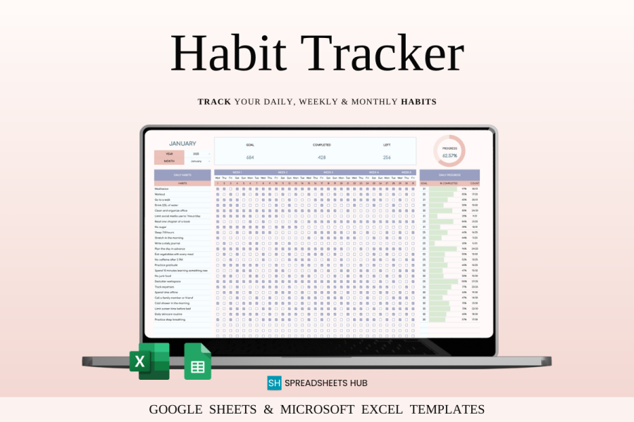 Habit Tracker Spreadsheet with Charts & Checkboxes