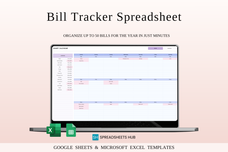 Monthly Bill Tracker Spreadsheet with Calendar
