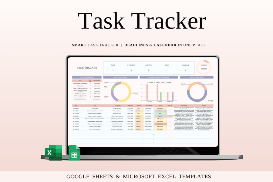 Task Tracker Spreadsheet Dashboard with Calendar
