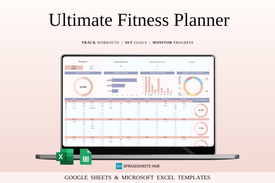 Fitness Planner Spreadsheet for Workouts, Meals & Progress Tracking
