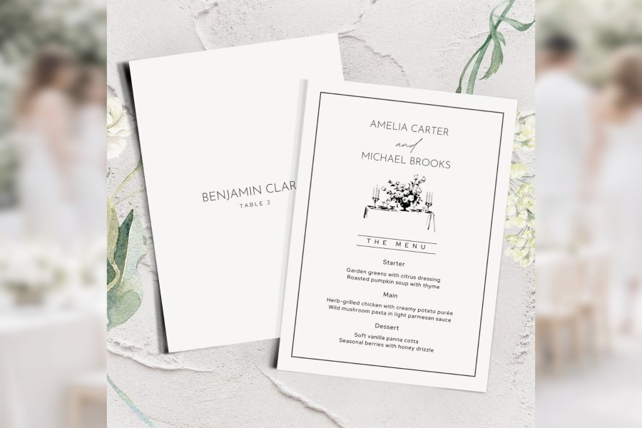 Elegant Minimalist Wedding Menu & Place Card Set