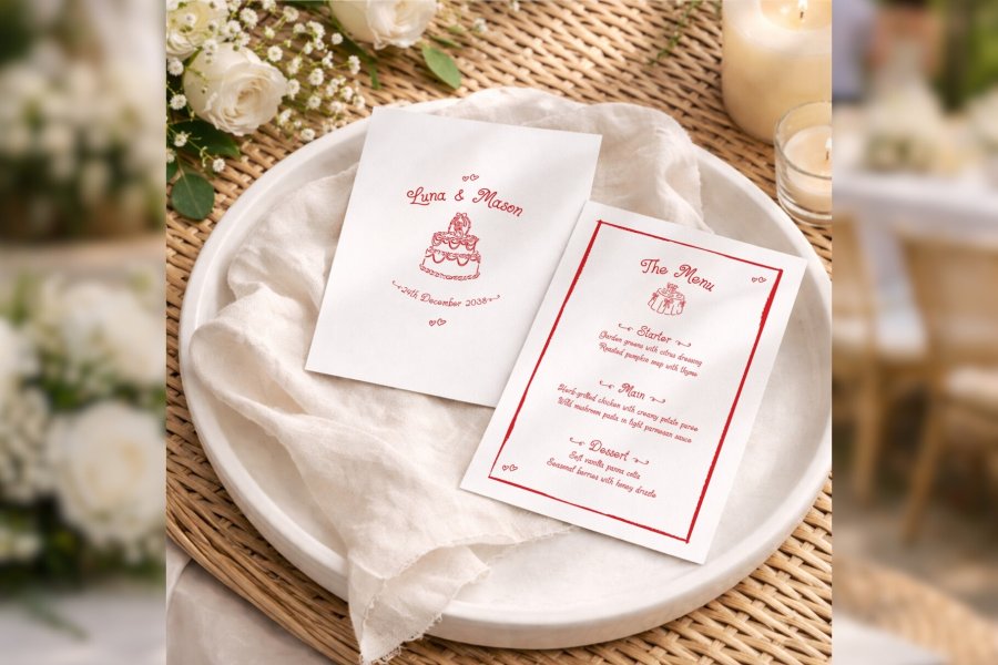 Editable Hand-Drawn Wedding Menu Card Template