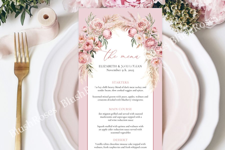 Blush Peonies Boho Wedding Menu Template