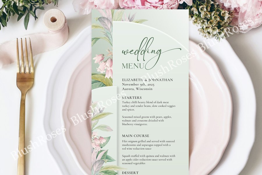 Blush Floral Wedding Menu Template