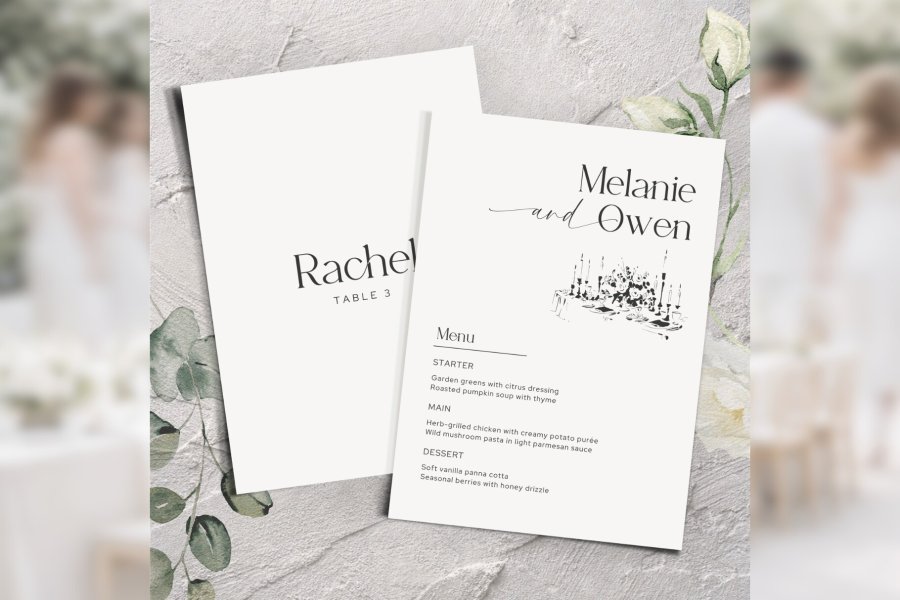 Elegant Editable Wedding Menu and Place Card Set
