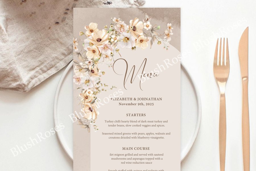 Boho Wildflower Wedding Menu Template
