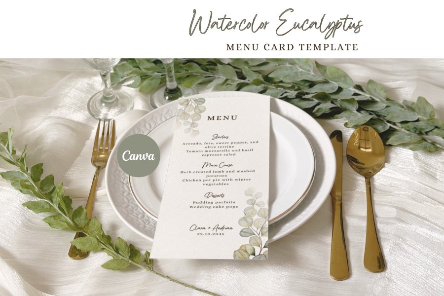 Eucalyptus Watercolor Wedding Menu Template