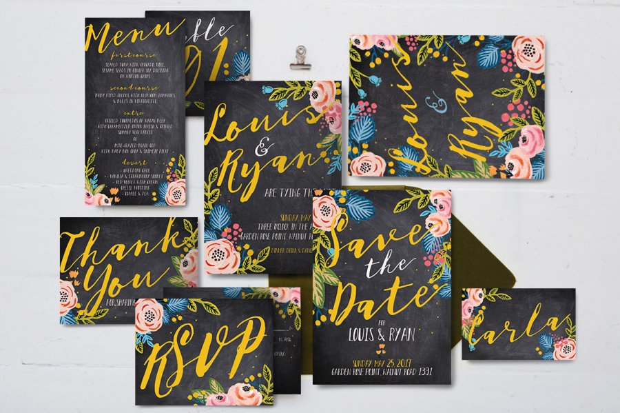 Elegant Black Floral Wedding Invitation Set
