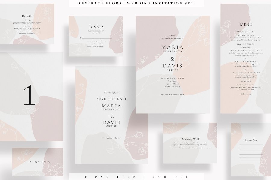 Editable Abstract Floral Wedding Invitation Set