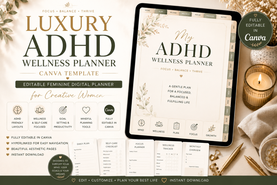 Hyperlinked ADHD Wellness Planner Canva Template
