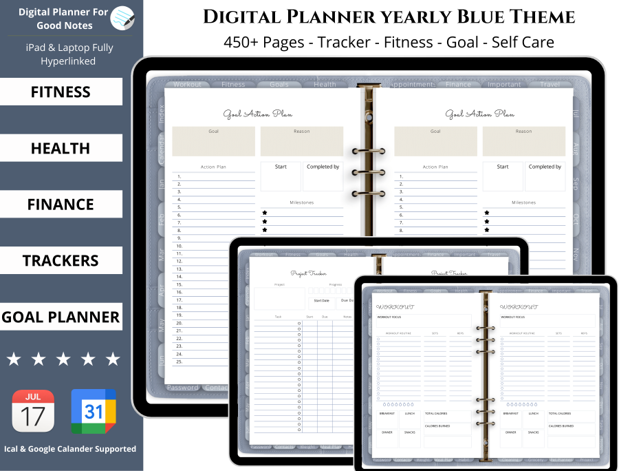 Hyperlinked Digital Yearly Planner Blue Theme