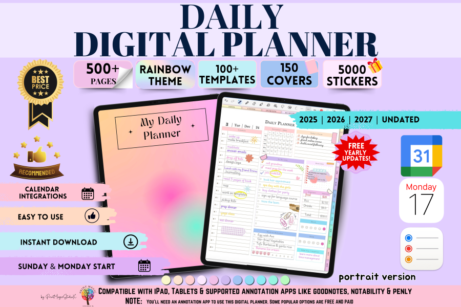 Hyperlinked Digital Daily Planner with Calendar Sync