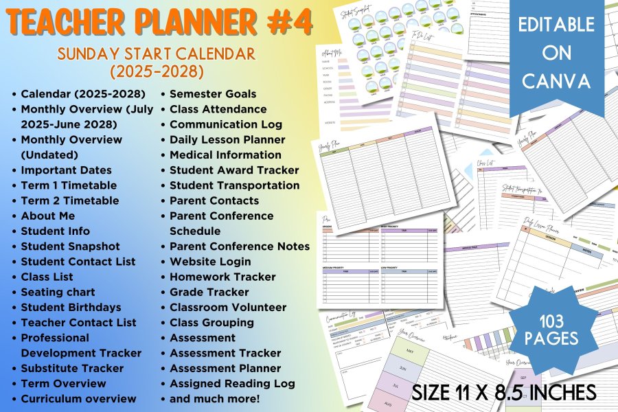 Editable Teacher Planner with 2025-2028 Calendar