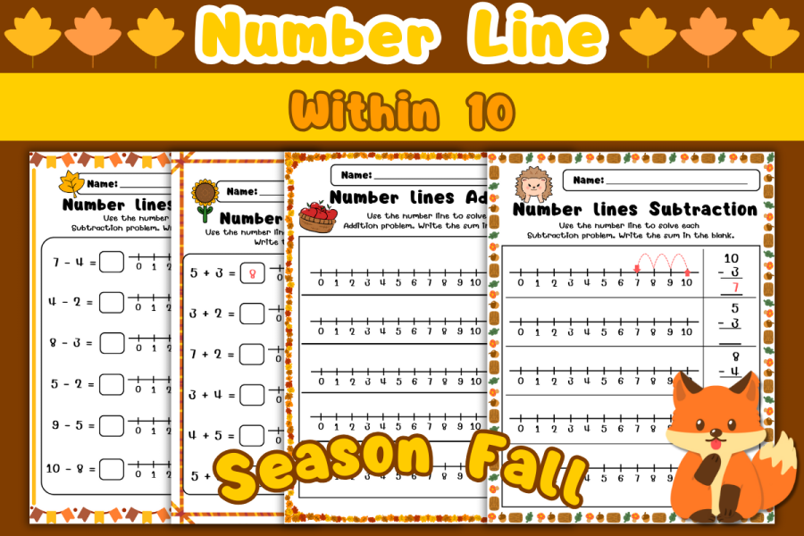 Fall Number Line Addition and Subtraction Worksheet