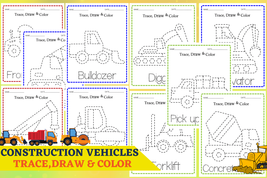 Construction Vehicles Tracing and Coloring Worksheets