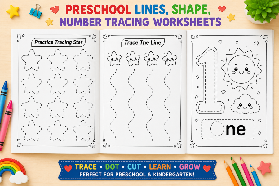 Line, Shape and Number Tracing Worksheets