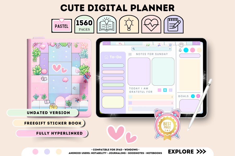 Cute Digital Planner with Stickers
