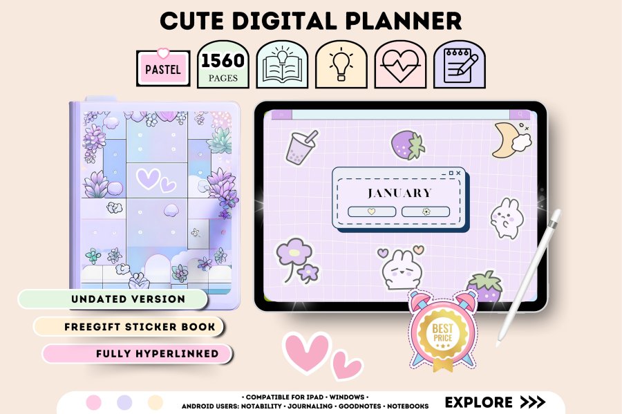 Cute Digital Planner with Sticker Book
