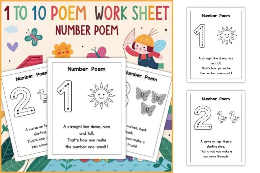 1 to 10 Number Poem Tracing Worksheets