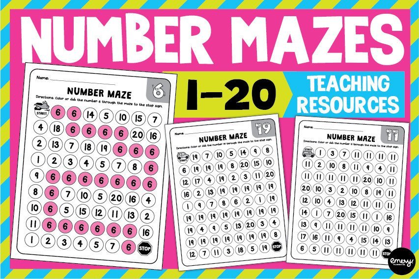 Number Mazes 1-20 Counting Worksheets