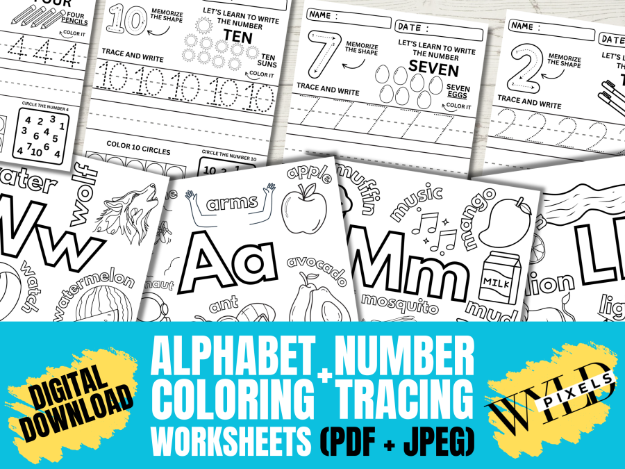 Alphabet Coloring and Number Tracing Worksheets