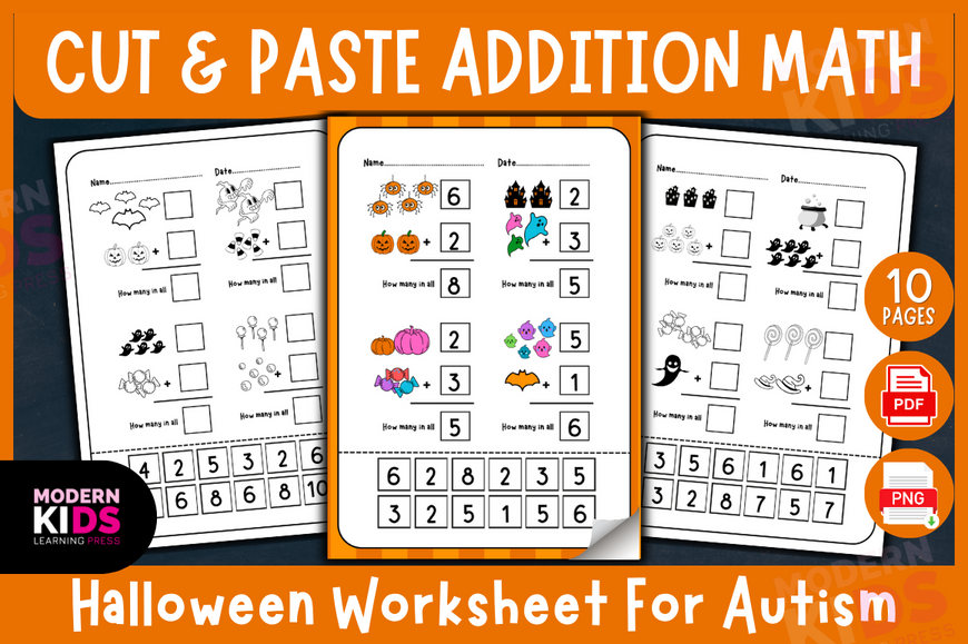 Halloween Cut & Paste Addition Math Worksheets