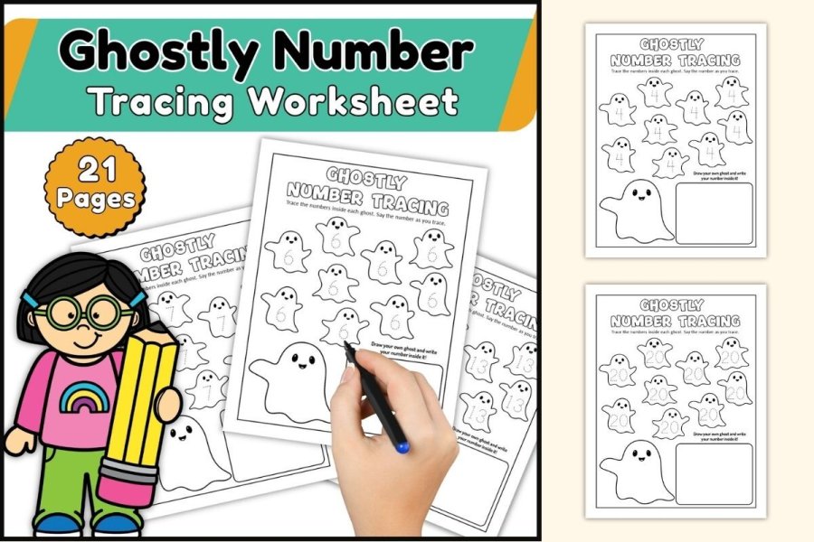 Halloween Ghost Number Tracing Worksheet